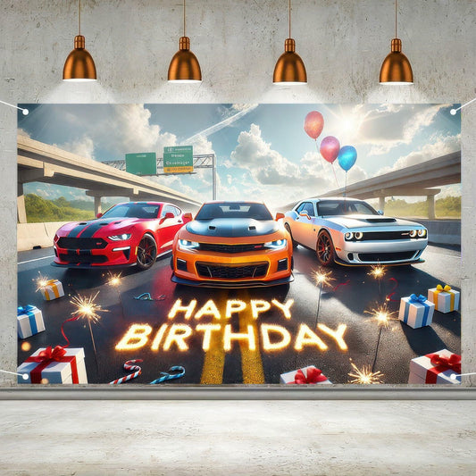 BlissYard Car Birthday Banner 70x43" Fast Cars Party Photo Backdrop