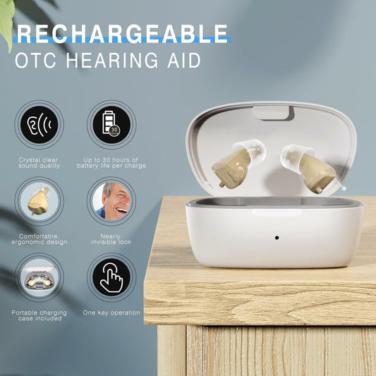 OTC Rechargeable Hearing Aids for Seniors Noise Cancellation Beige