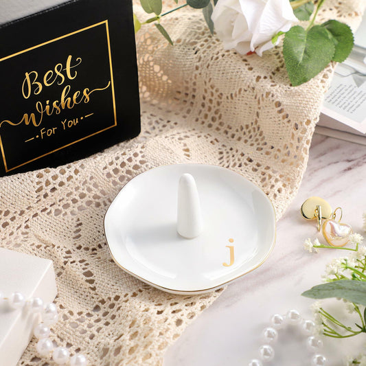 Beeveer Ceramic A-Z Ring Holder Jewelry Tray 4.5x2.4in White Trinket Dish
