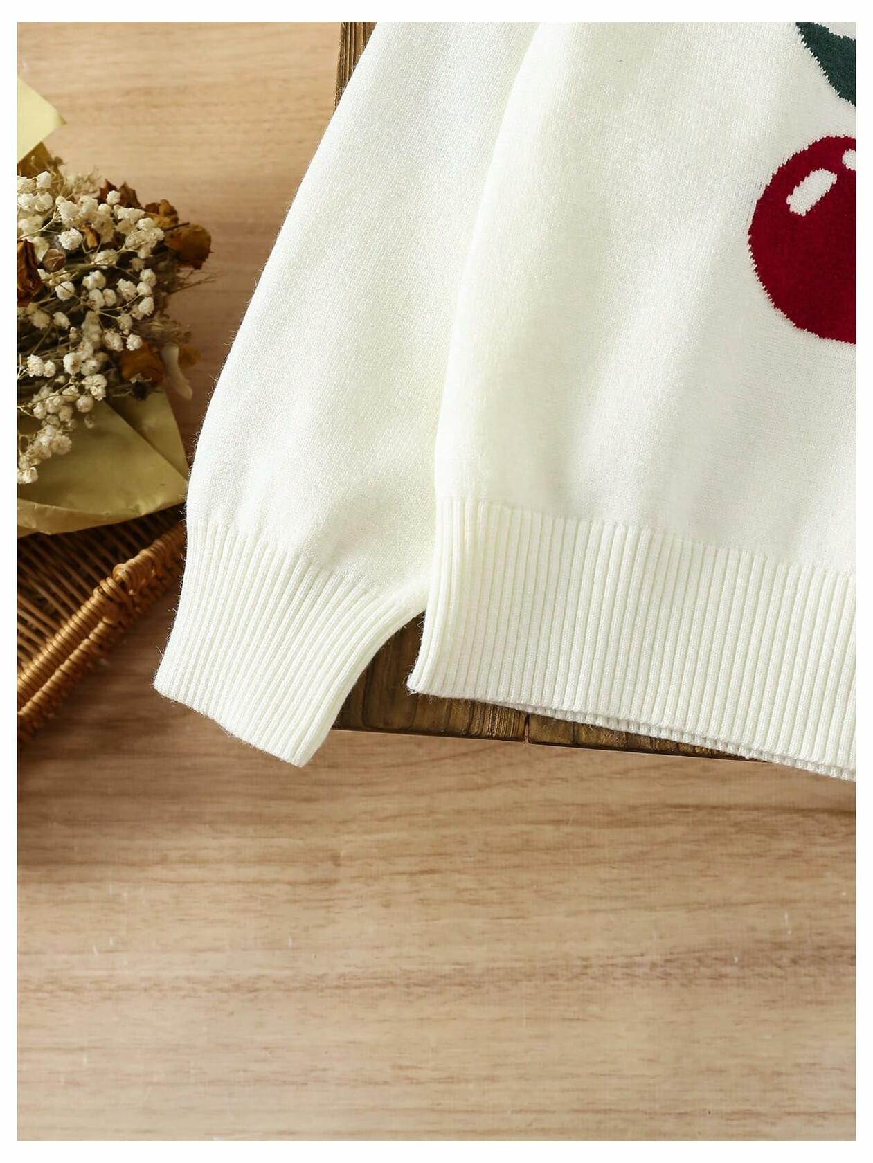 BEAUDRM Girl's Cherry Knit Sweater Long Sleeve Crewneck Apricot Size 11Y