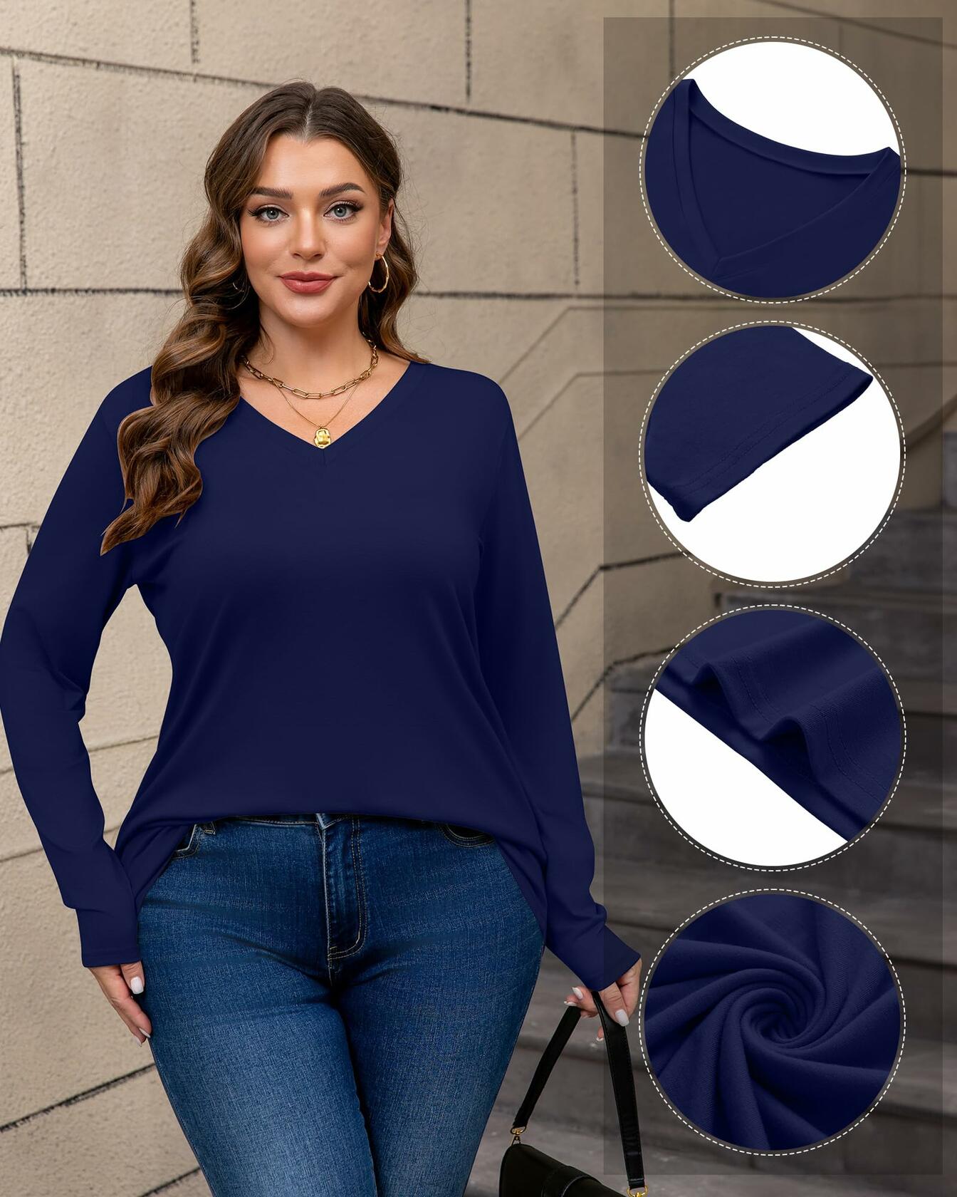 Women's Plus Size VNeck Long Sleeve T Shirts 3 Pack Black Navy Wine Red Size XXL