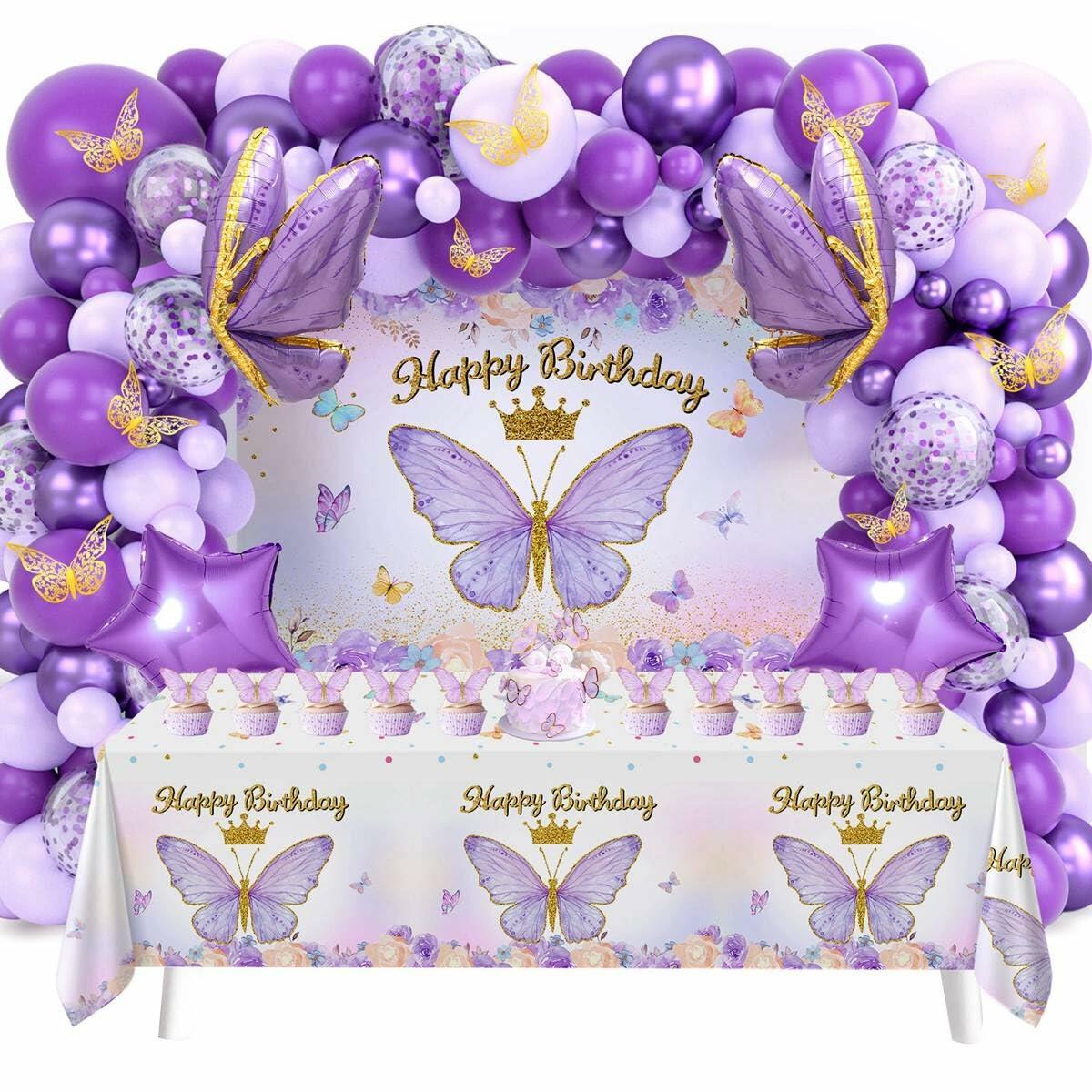 107 Pcs Purple Butterfly Birthday Decoration Set Indoor Outdoor Party