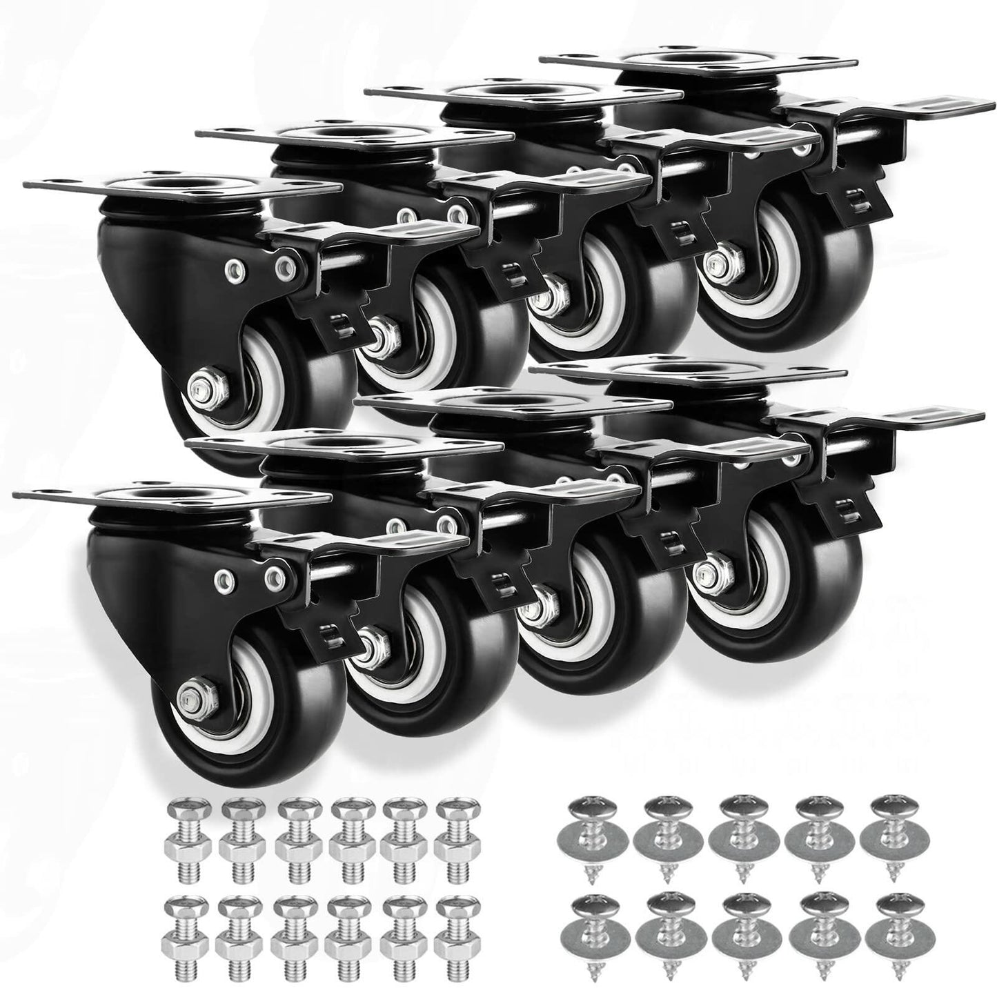 Heavy-duty 1.5" PU Casters Set of 8 with Brake Double Locking Black