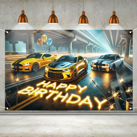 BlissYard Race Car Happy Birthday Banner 70x43" Party Backdrop Decor