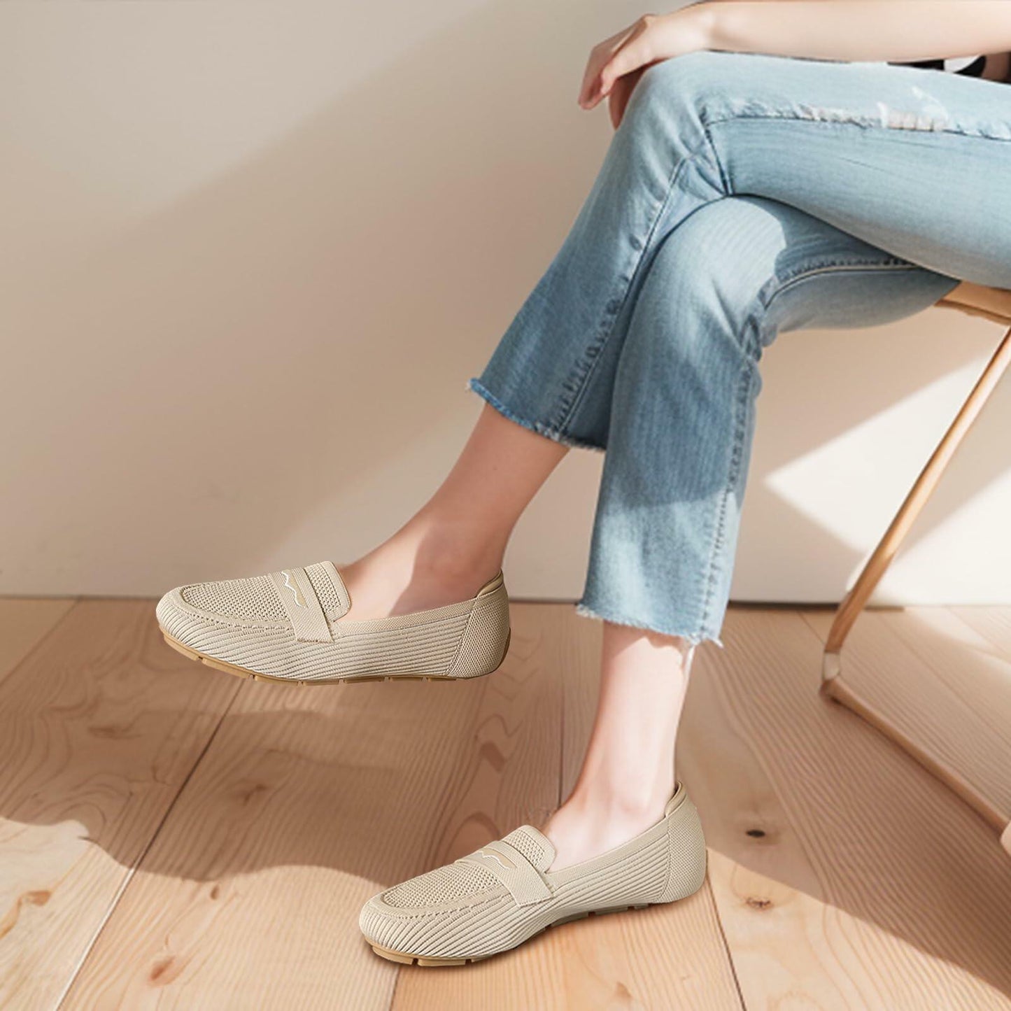 Lrtyu Women’s Knit Loafers US 8 Beige Slip-On Casual Work Driving Shoes