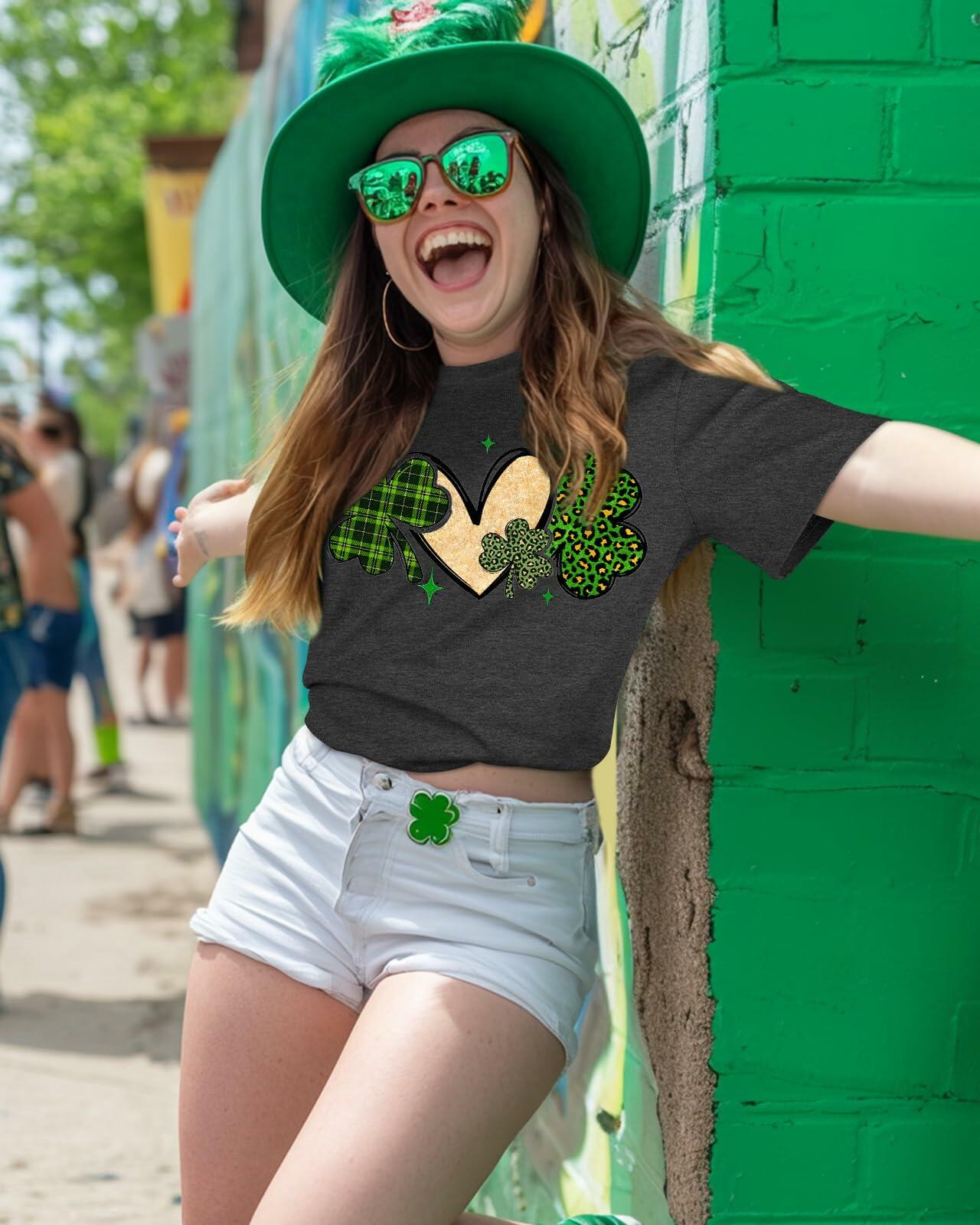 JMHACHY Women's St. Patrick's Shamrock Heart Leopard T-Shirt Grey Size XL