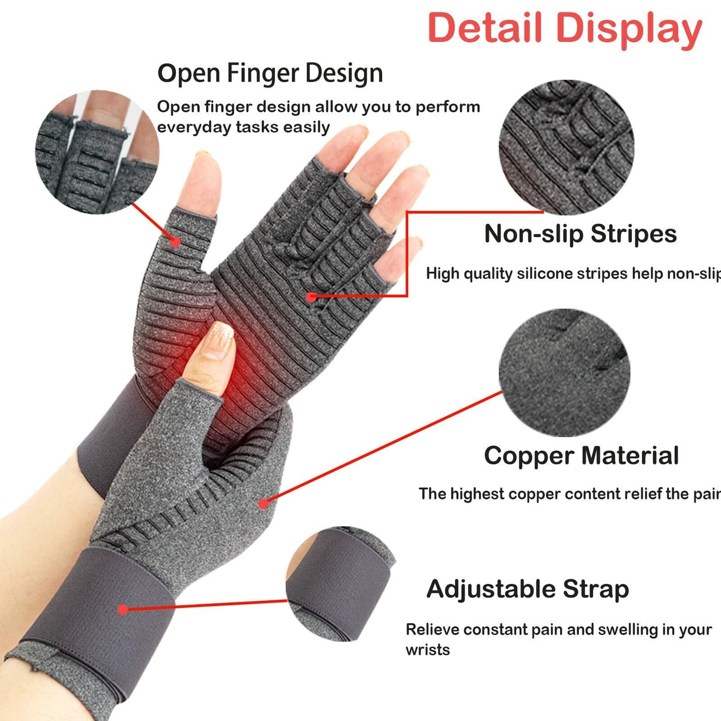 VigorGlove Copper Fit Arthritis Gloves Adjustable Belt Anti-Slip Black 2P Size S