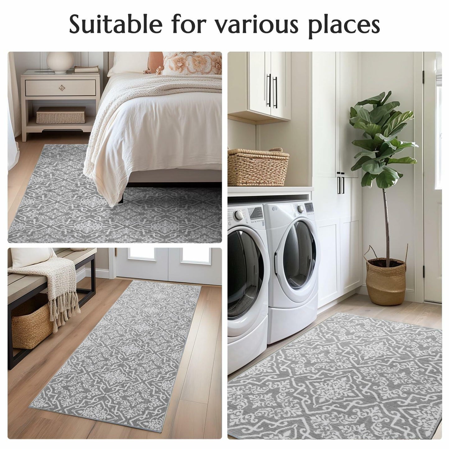 jinchan Kitchen Runner Rug 2x6 Moroccan Floral Non Slip Grey Runner