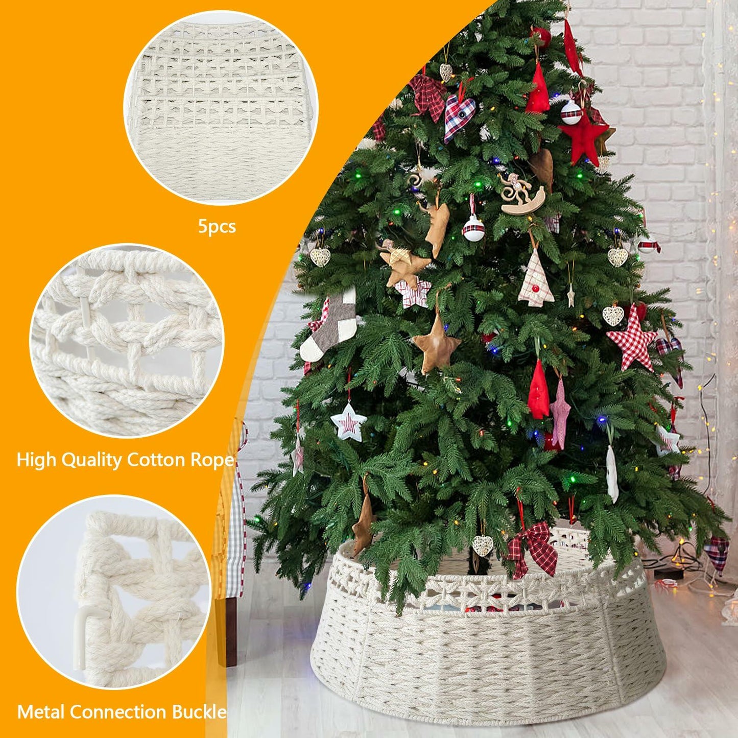 Boho Cotton Rope Woven Christmas Tree Collar Skirt 24in Beige