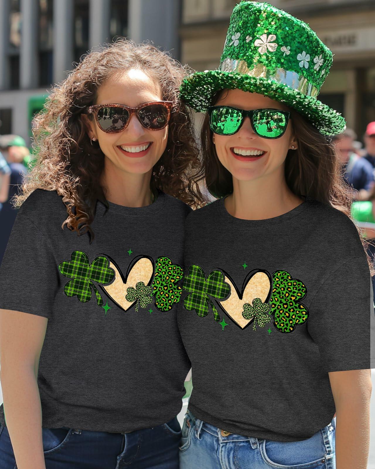 JMHACHY Women's St. Patrick's Shamrock Heart Leopard T-Shirt Grey Size XL