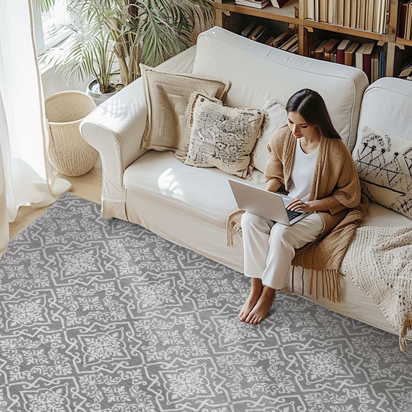 jinchan Kitchen Runner Rug 2x6 Moroccan Floral Non Slip Grey Runner