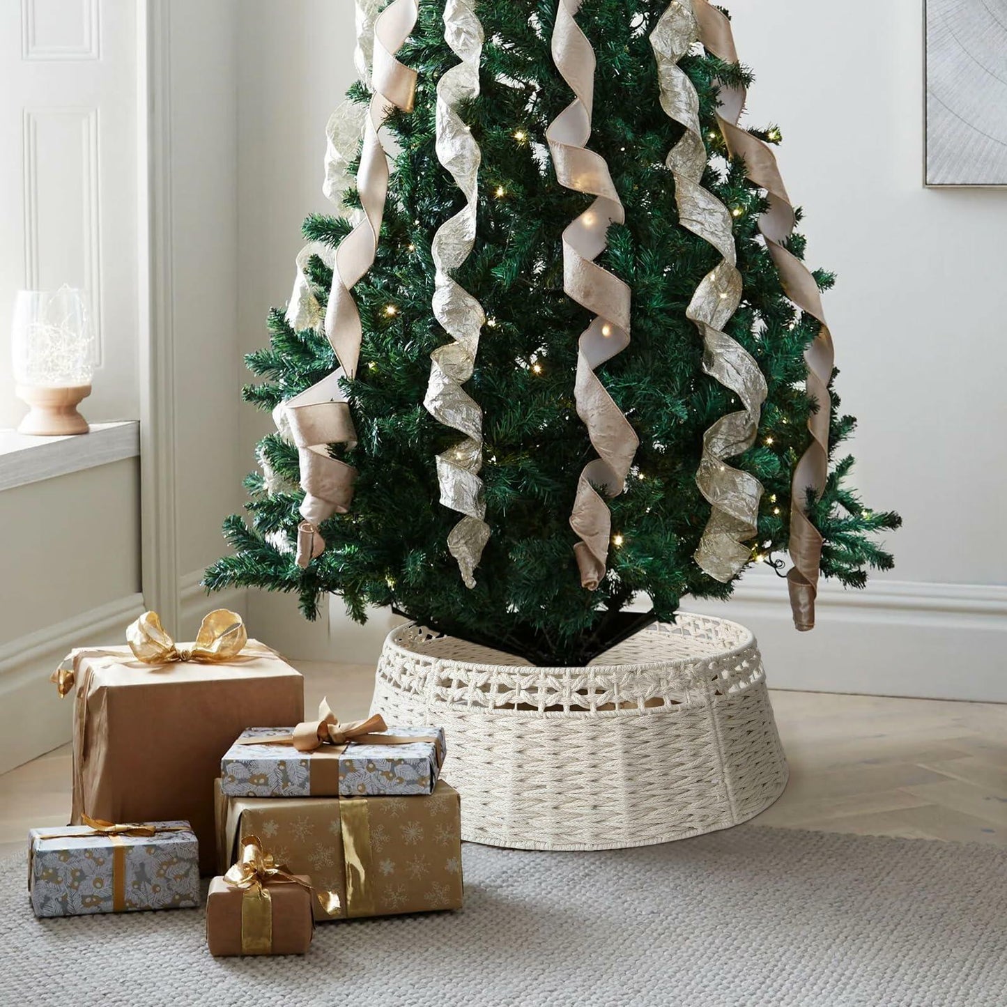 Boho Cotton Rope Woven Christmas Tree Collar Skirt 24in Beige