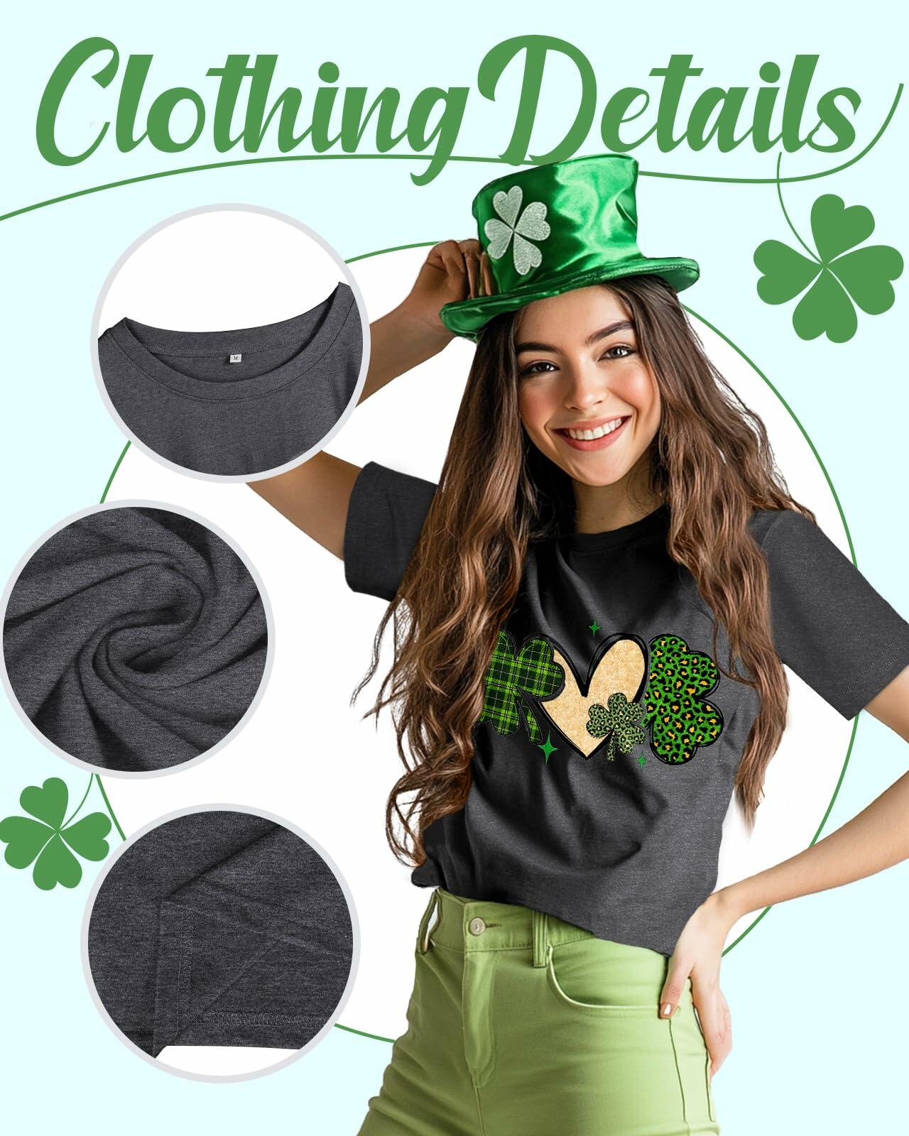 JMHACHY Women's St. Patrick's Shamrock Heart Leopard T-Shirt Grey Size XL