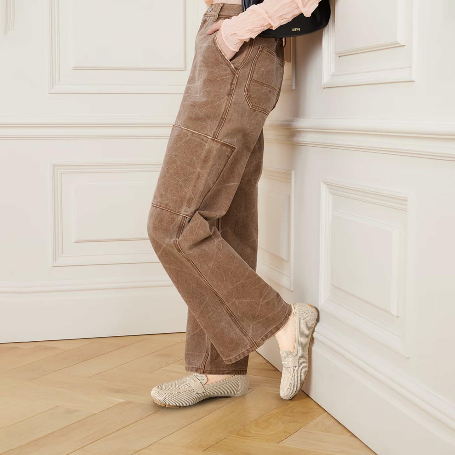 Lrtyu Women’s Knit Loafers US 8 Beige Slip-On Casual Work Driving Shoes