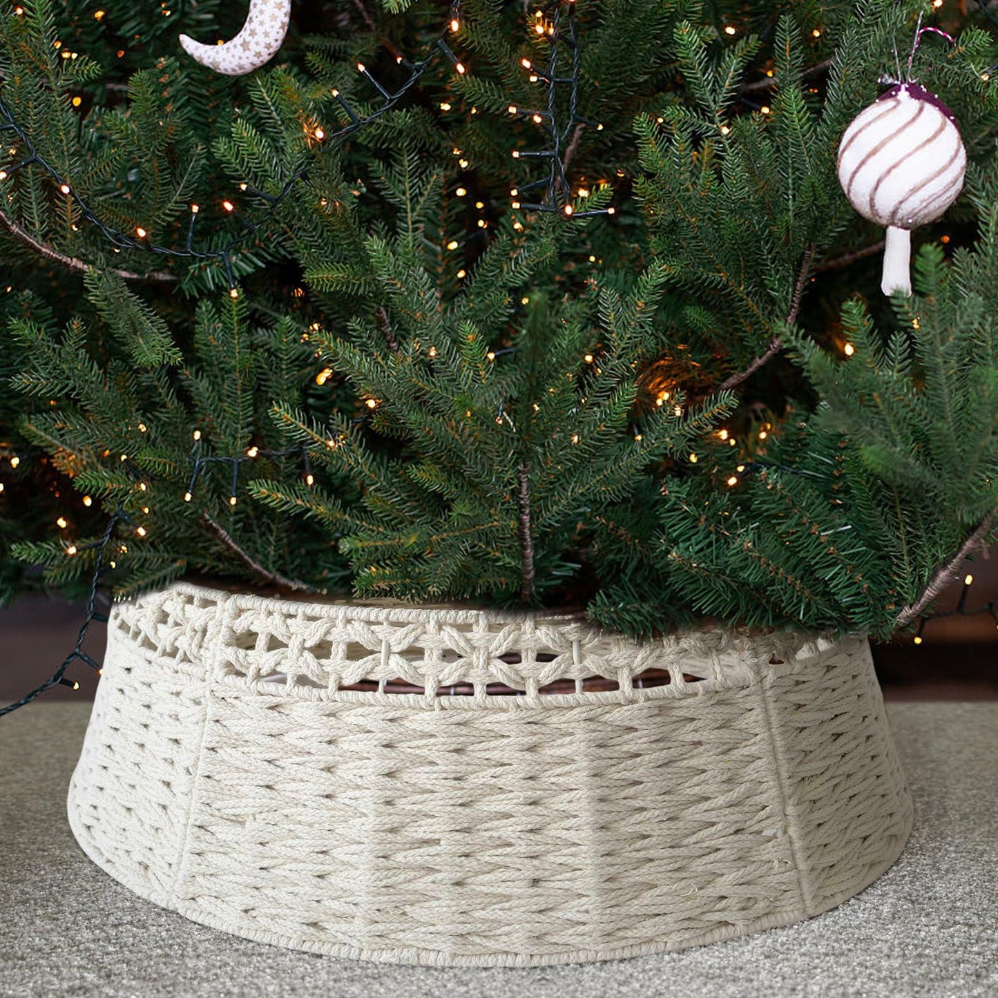Boho Cotton Rope Woven Christmas Tree Collar Skirt 24in Beige