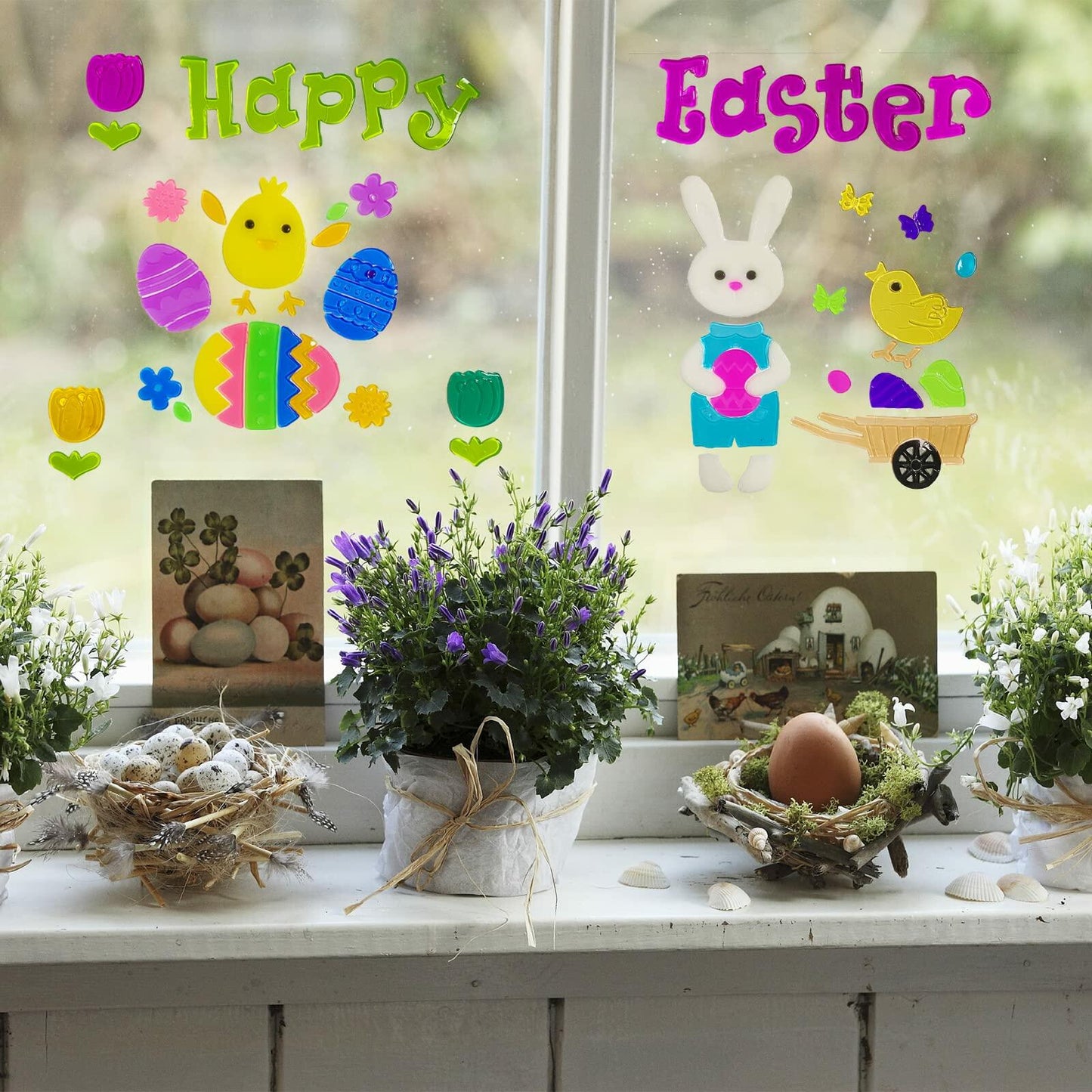Easter Gel Window Clings 6 Sheets Bunny Chick Egg Flower Reusable Decor