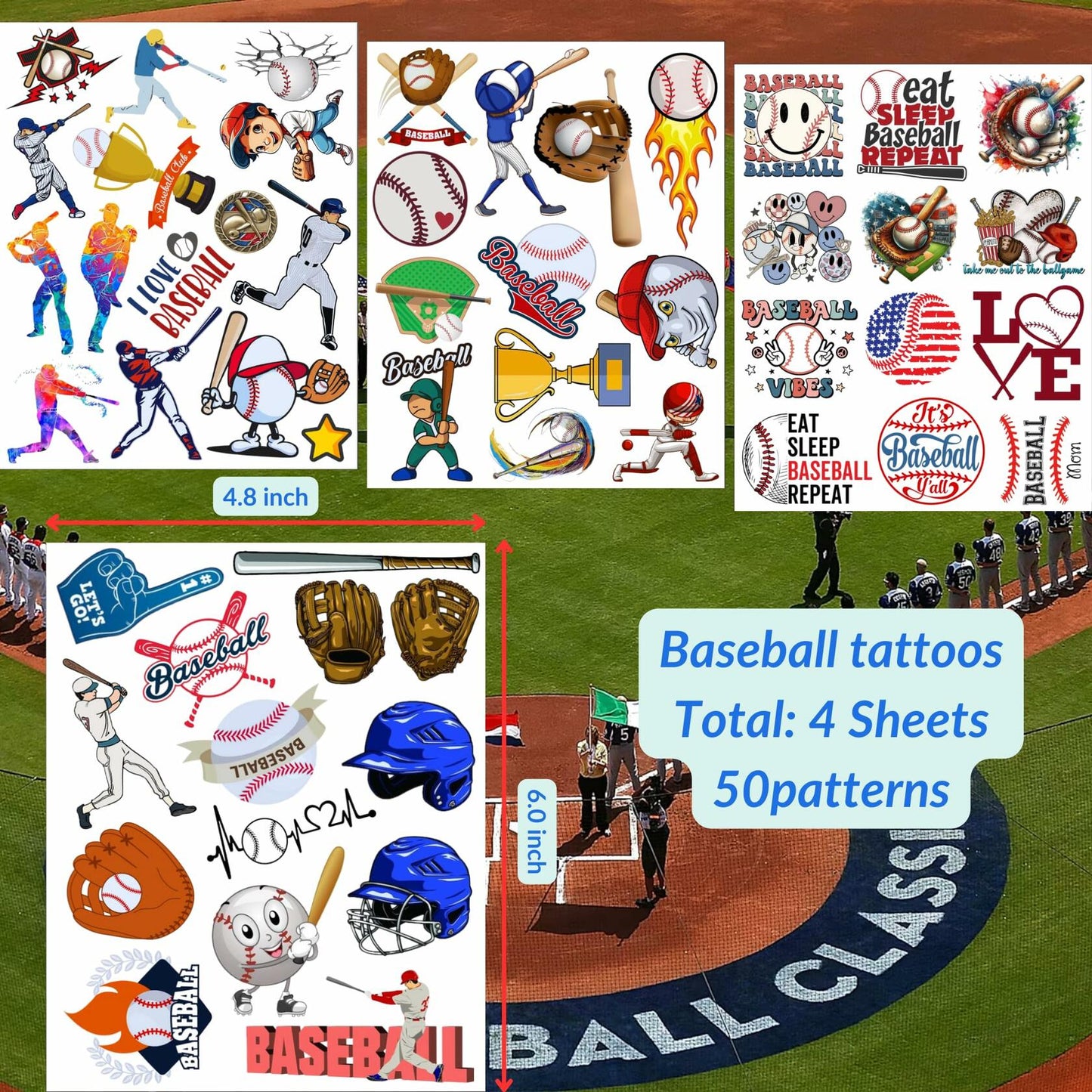 Baseball Temporary Tattoos 72 Pcs 6 Sheets Sport Party Favors Gift Idea