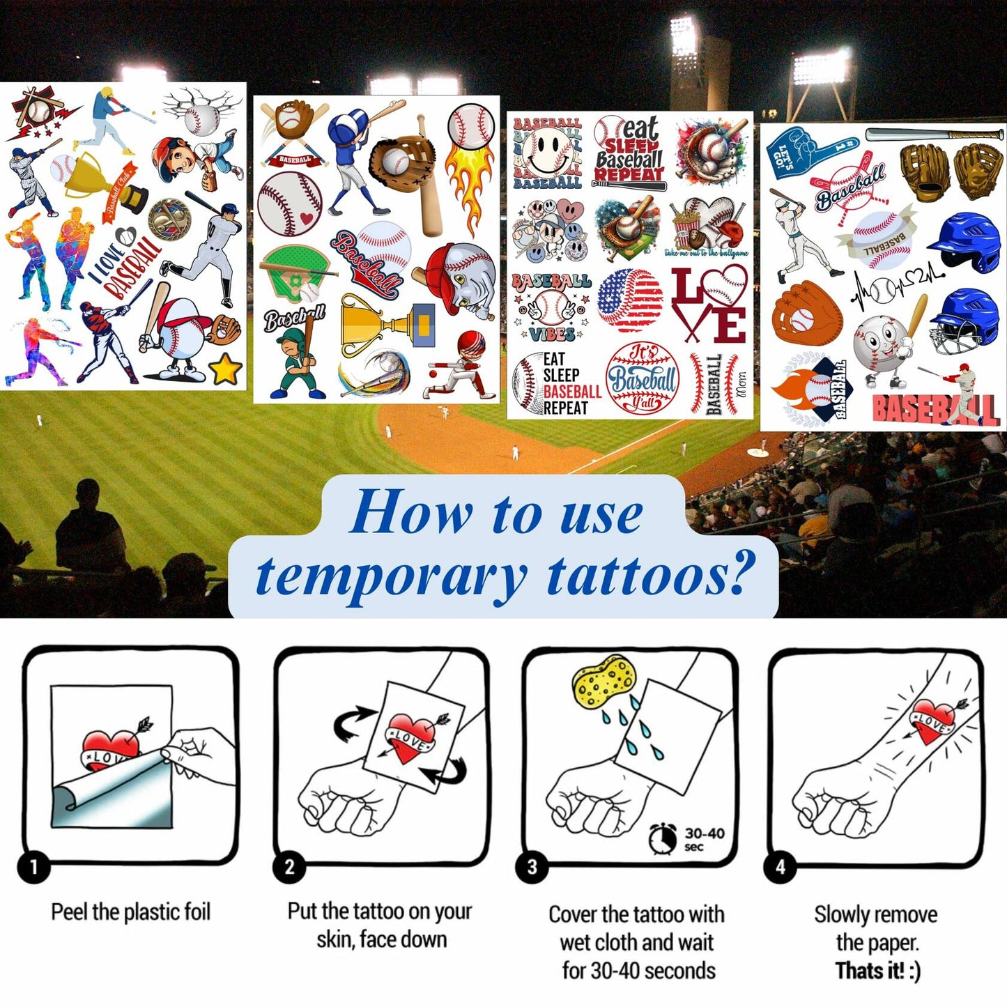 Baseball Temporary Tattoos 72 Pcs 6 Sheets Sport Party Favors Gift Idea