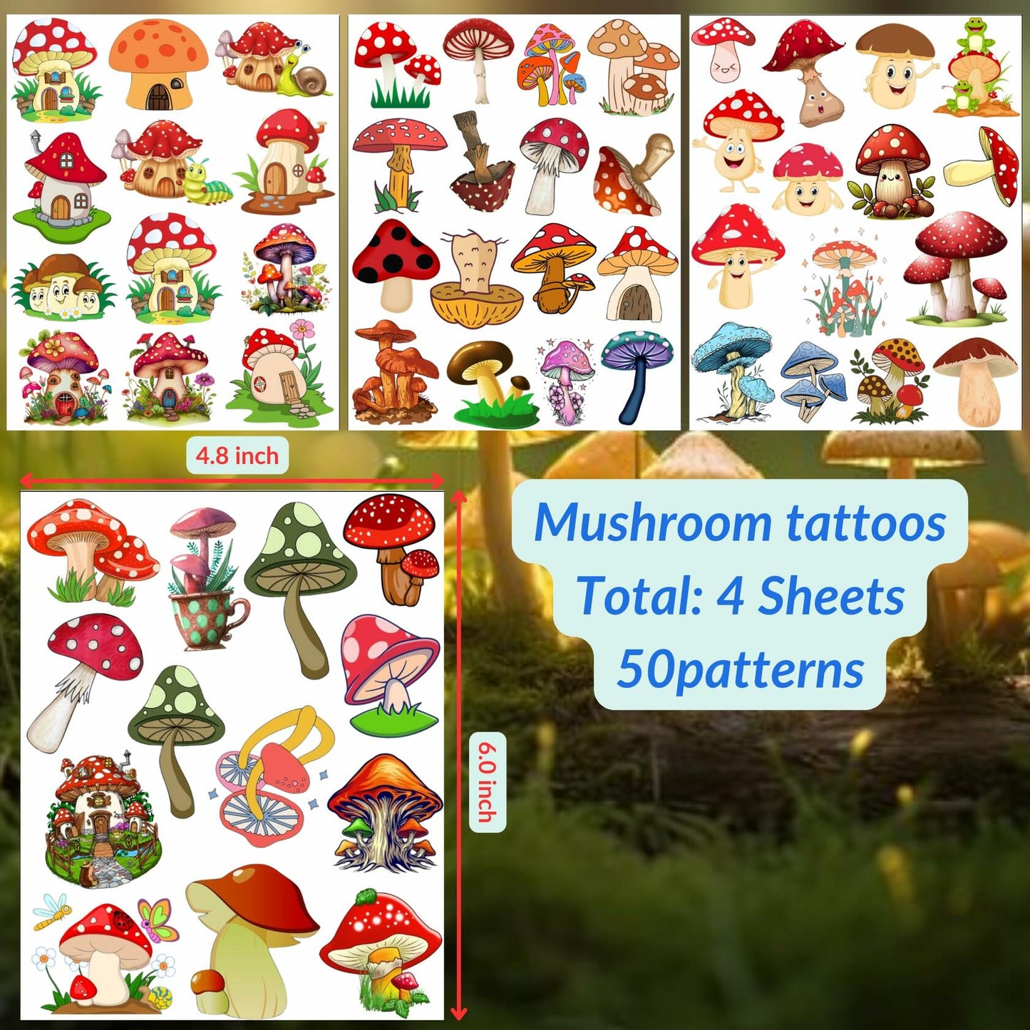 Mushroom Temporary Tattoos 50Pcs Cute Funny Stickers for Kids Boys Girls