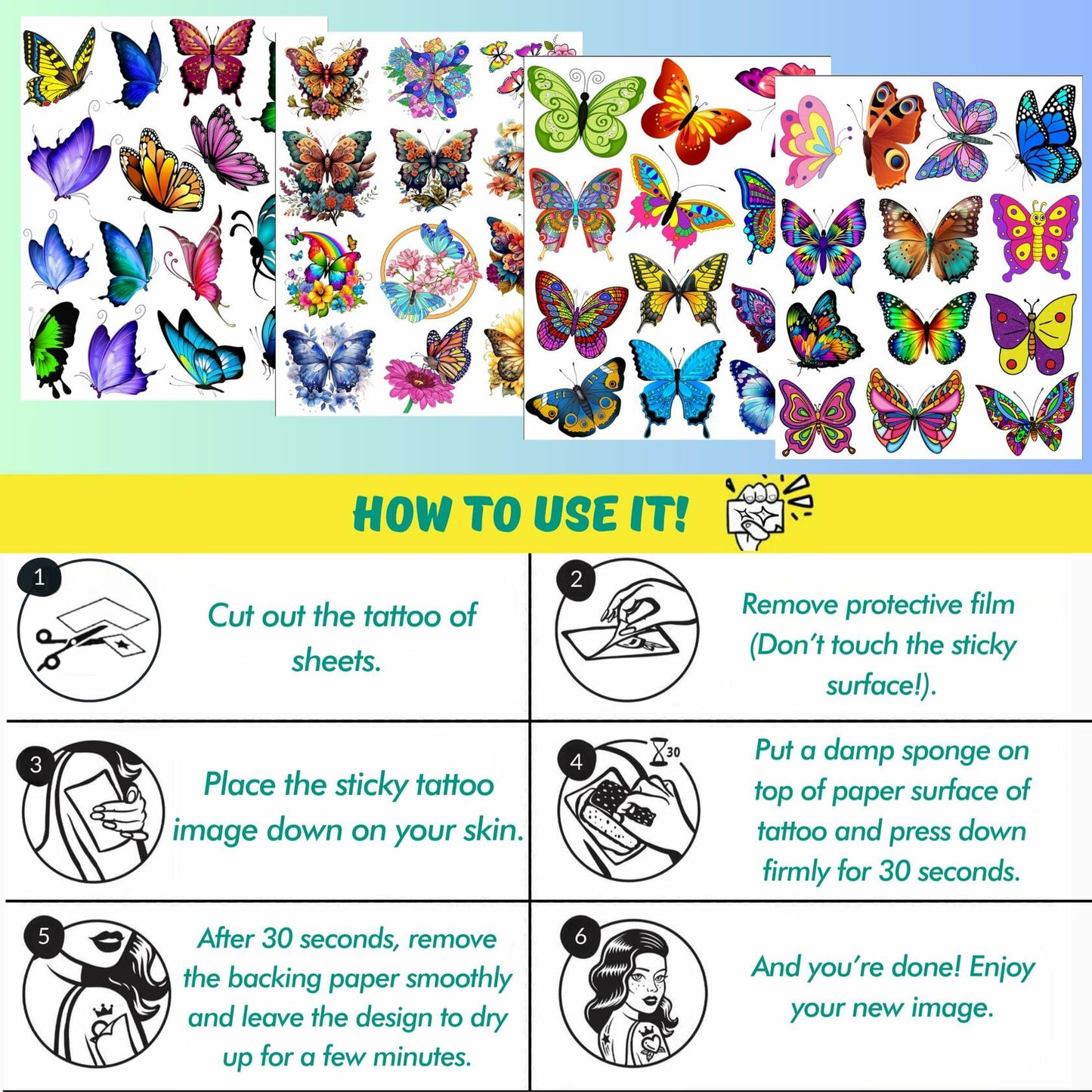 Butterfly Temporary Tattoos 50Pcs Medium Stickers for Women Girls Kids Teens