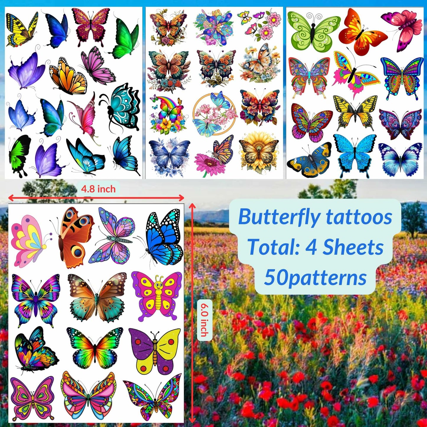 Butterfly Temporary Tattoos 50Pcs Medium Stickers for Women Girls Kids Teens