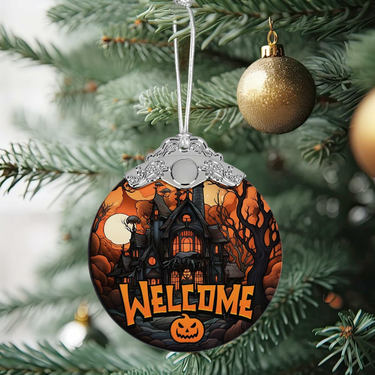 Welcome to The Haunted House Stained Glass Christmas Ornament Holiday Decor
