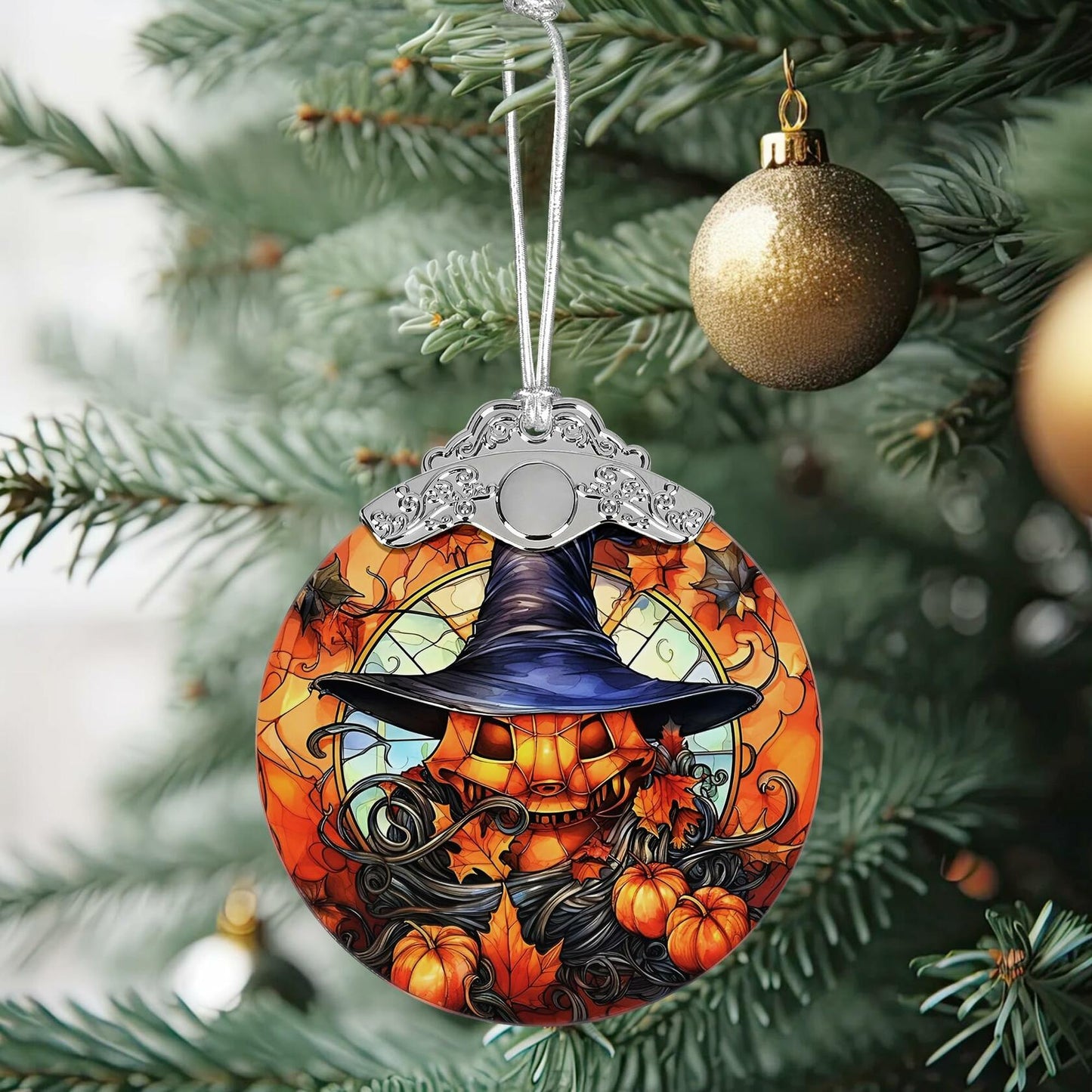 Terrifying Pumpkin Stained Glass Christmas Ornament Holiday Decoration