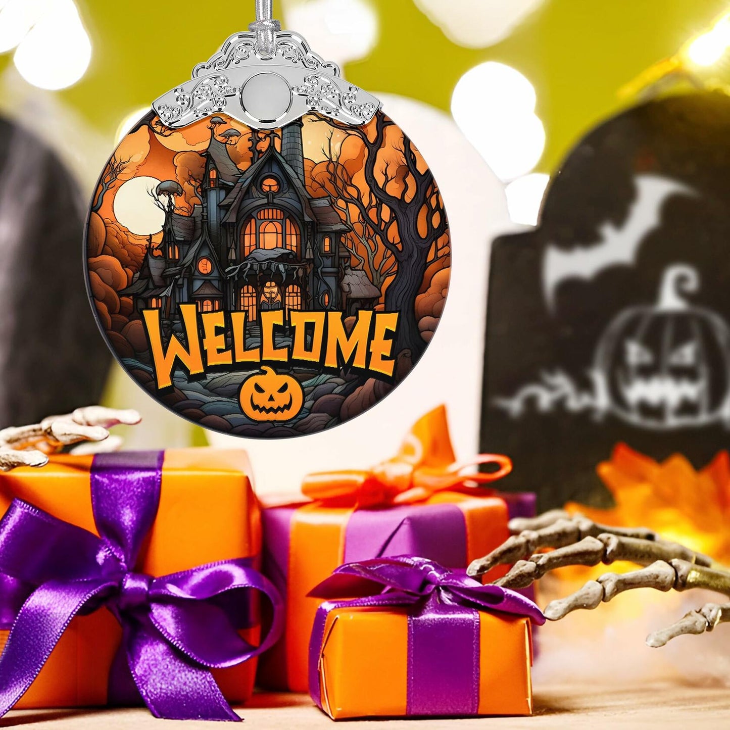 Welcome to The Haunted House Stained Glass Christmas Ornament Holiday Decor
