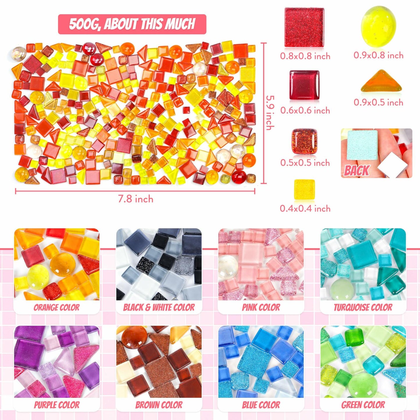 LATIIZ Glass Mosaic Tiles Pre-Cut Waterproof Orange 300 Pieces DIY Crafts