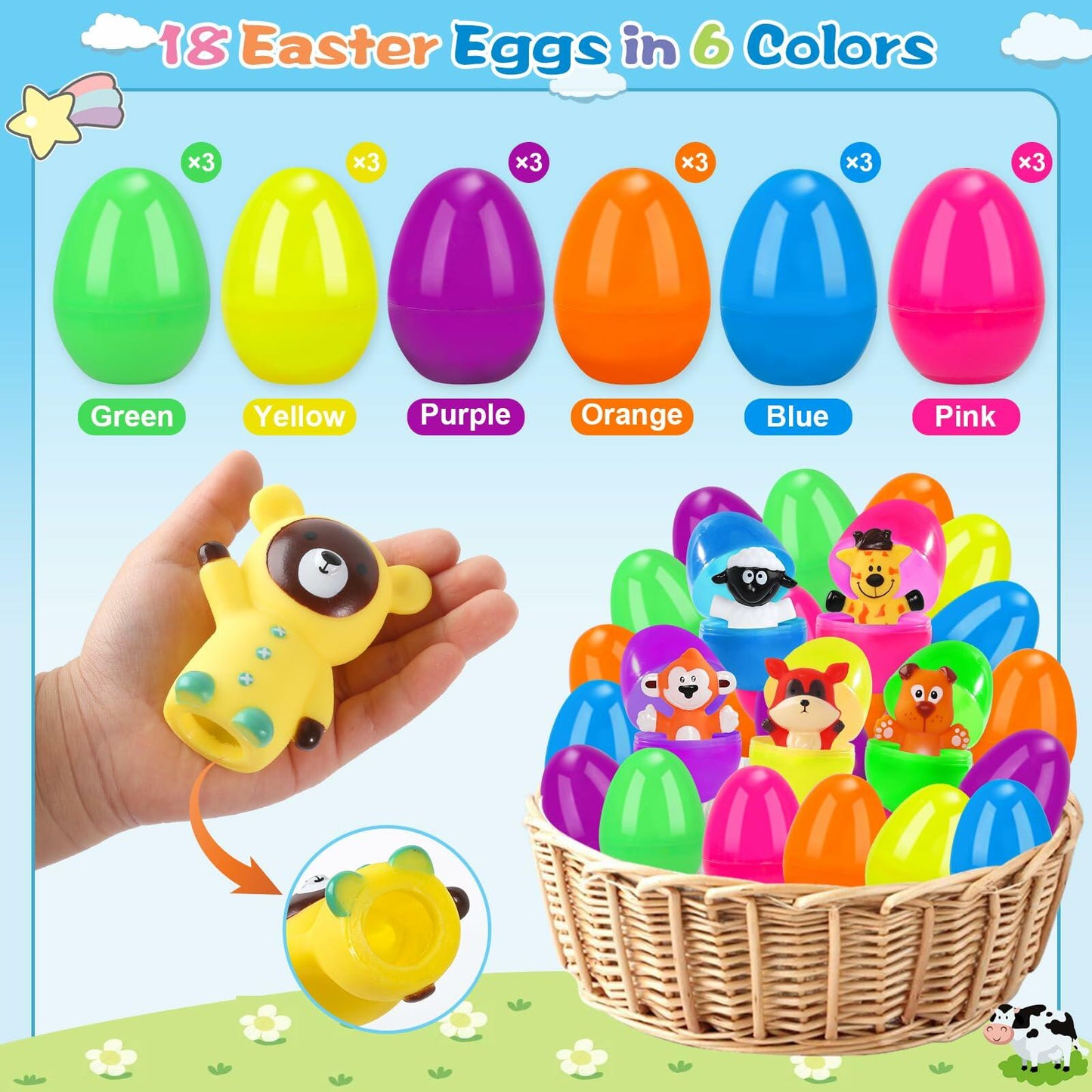 ZIRSENG 36PCS Easter Eggs with 18 Animal & Farm Finger Puppets Basket Stuffers