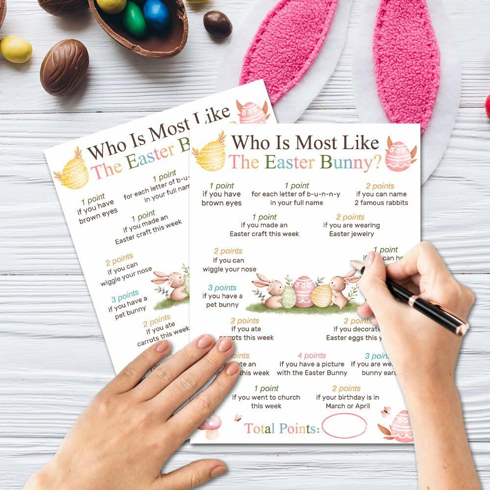 Who Is Most Like The Easter Bunny Game Cards Watercolor Eggs Flowers Set 20