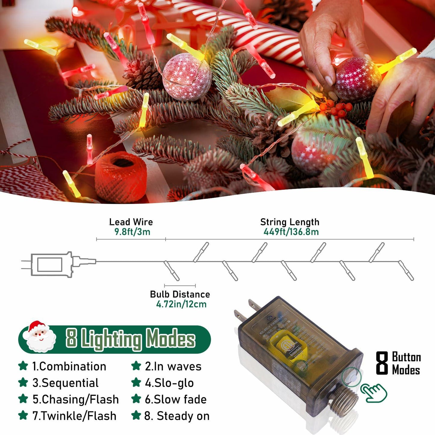Heceltt 1140 LED 449FT Outdoor String Lights 8 Modes Timer IP44 Red Warm White