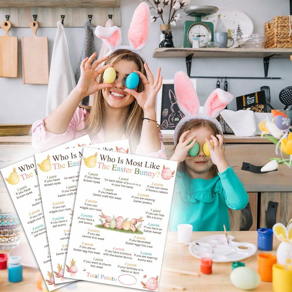 Who Is Most Like The Easter Bunny Game Cards Watercolor Eggs Flowers Set 20
