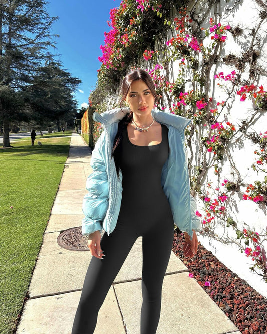 TOB Women Yoga Jumpsuit Ribbed Long Sleeve Square Neck Black Size L