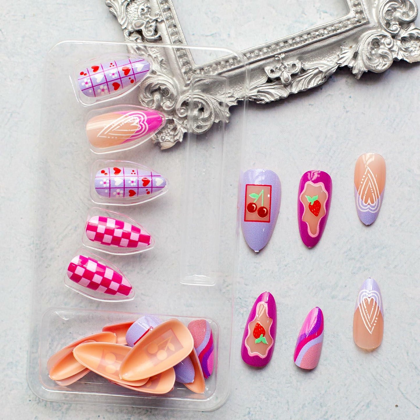 Valentine's Day Press On Nails Coffin Wine Red Pink Glitter 24 Pcs