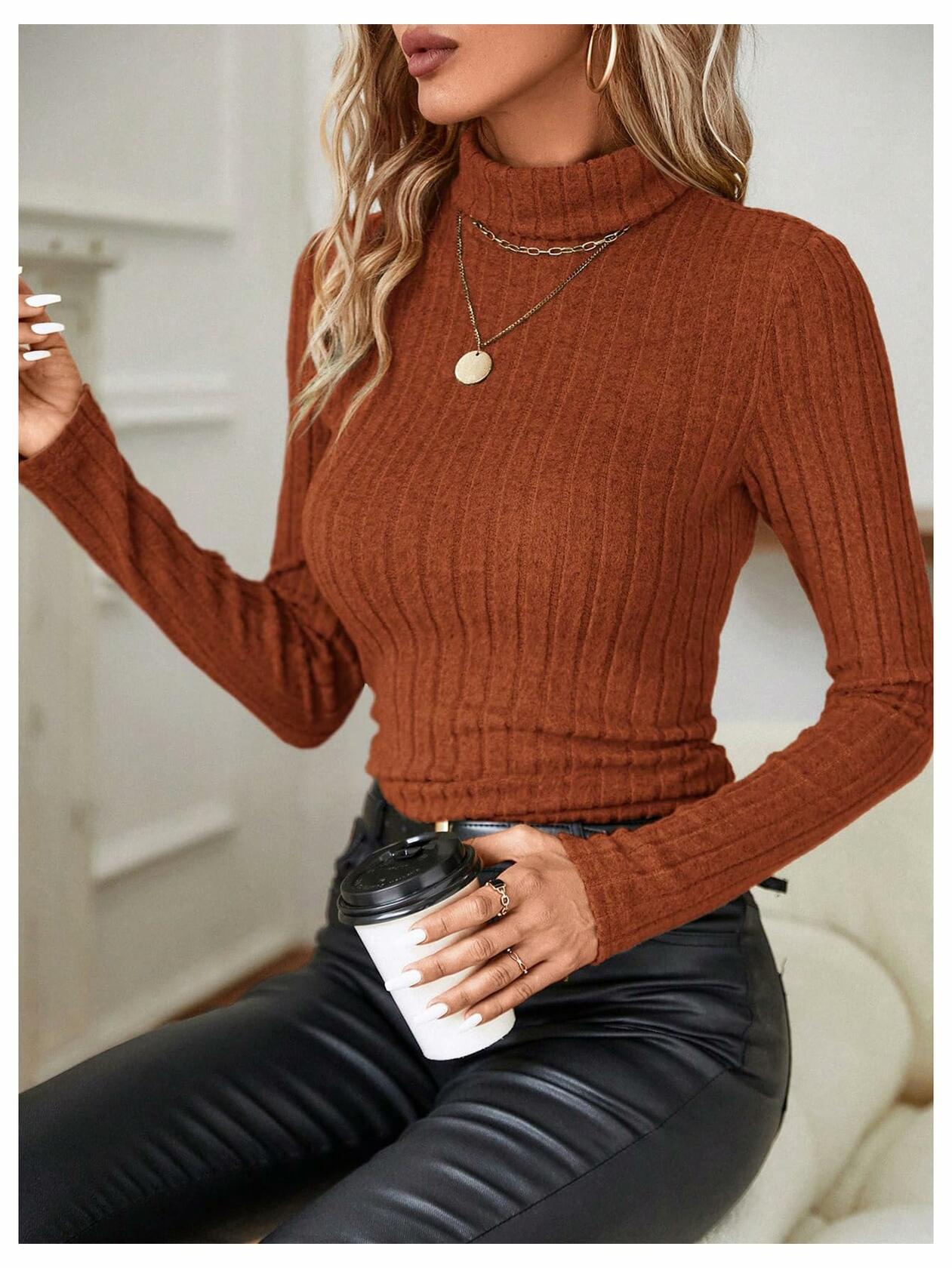 RoseSeek Women's Ribbed Knit Long Sleeve Tee Rust Brown Size Small