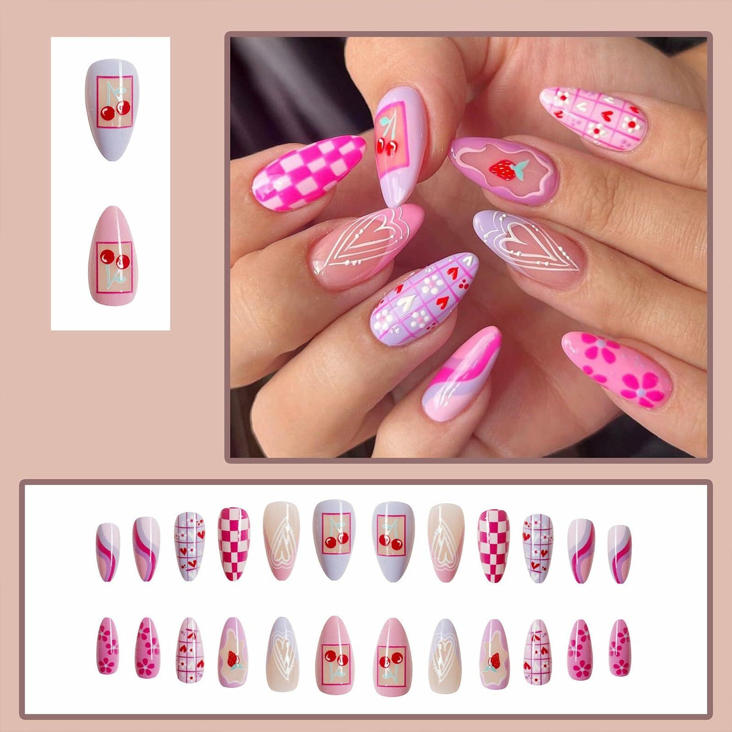 Valentine's Day Press On Nails Coffin Wine Red Pink Glitter 24 Pcs