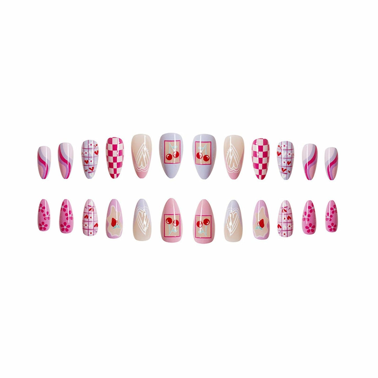 Valentine's Day Press On Nails Coffin Wine Red Pink Glitter 24 Pcs