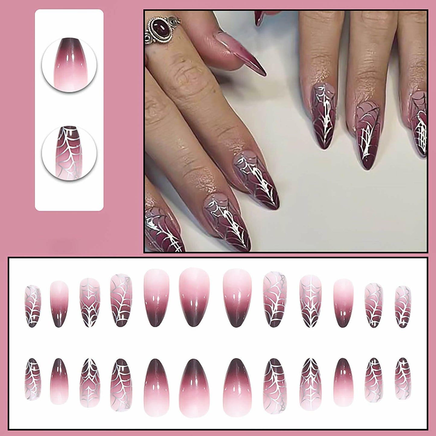 RUOKEXIN Medium Purple Ombre Halloween Press On Nails Spider Web 24Pcs