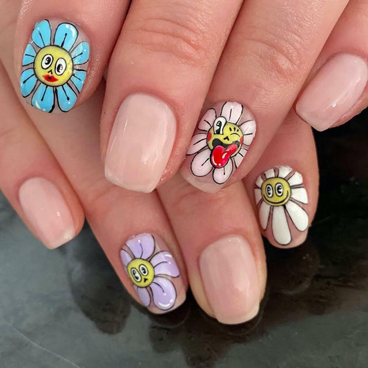 RIICFDD Summer Press On Nails Short Square Nude Pink Flower 24Pcs