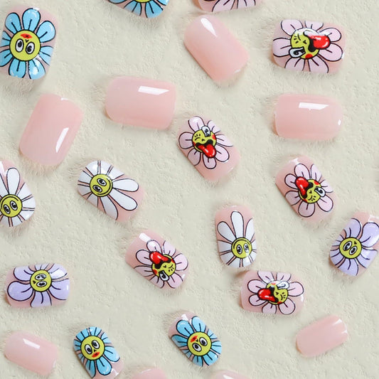 RIICFDD Summer Press On Nails Short Square Nude Pink Flower 24Pcs