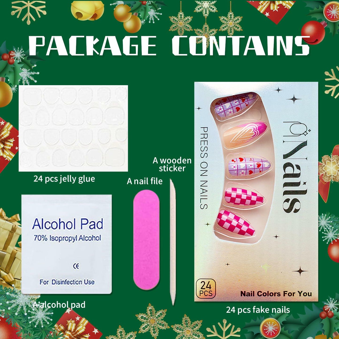 Valentine's Day Press On Nails Coffin Wine Red Pink Glitter 24 Pcs