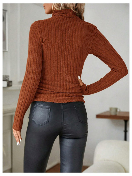 RoseSeek Women's Ribbed Knit Long Sleeve Tee Rust Brown Size Small