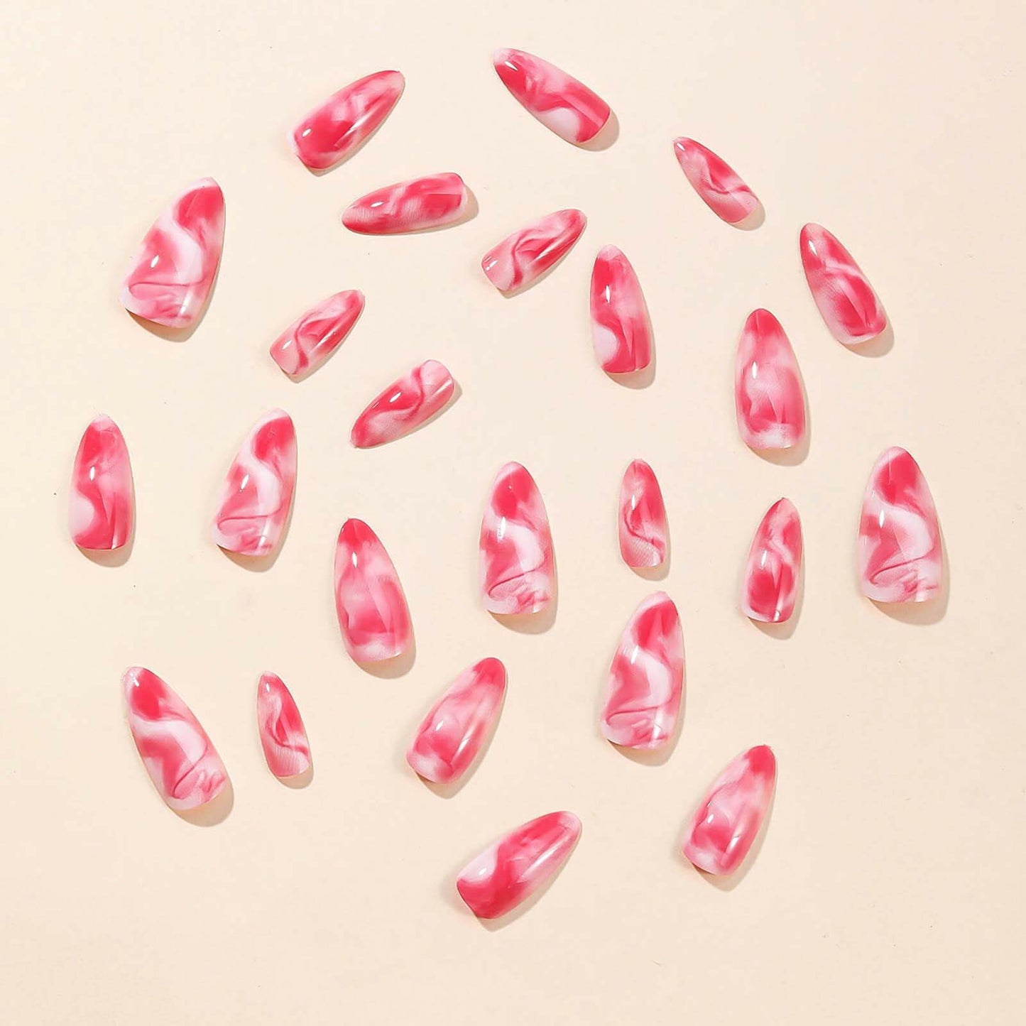 RUOKEXIN Almond Press On Nails Medium Pink White Ombre Marbling 24Pcs