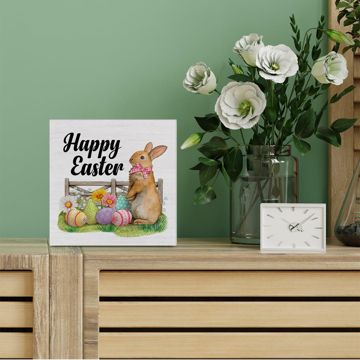 Rustic Bunny Wood Sign Happy Easter Decor Tabletop Shelf 5x5 Inches