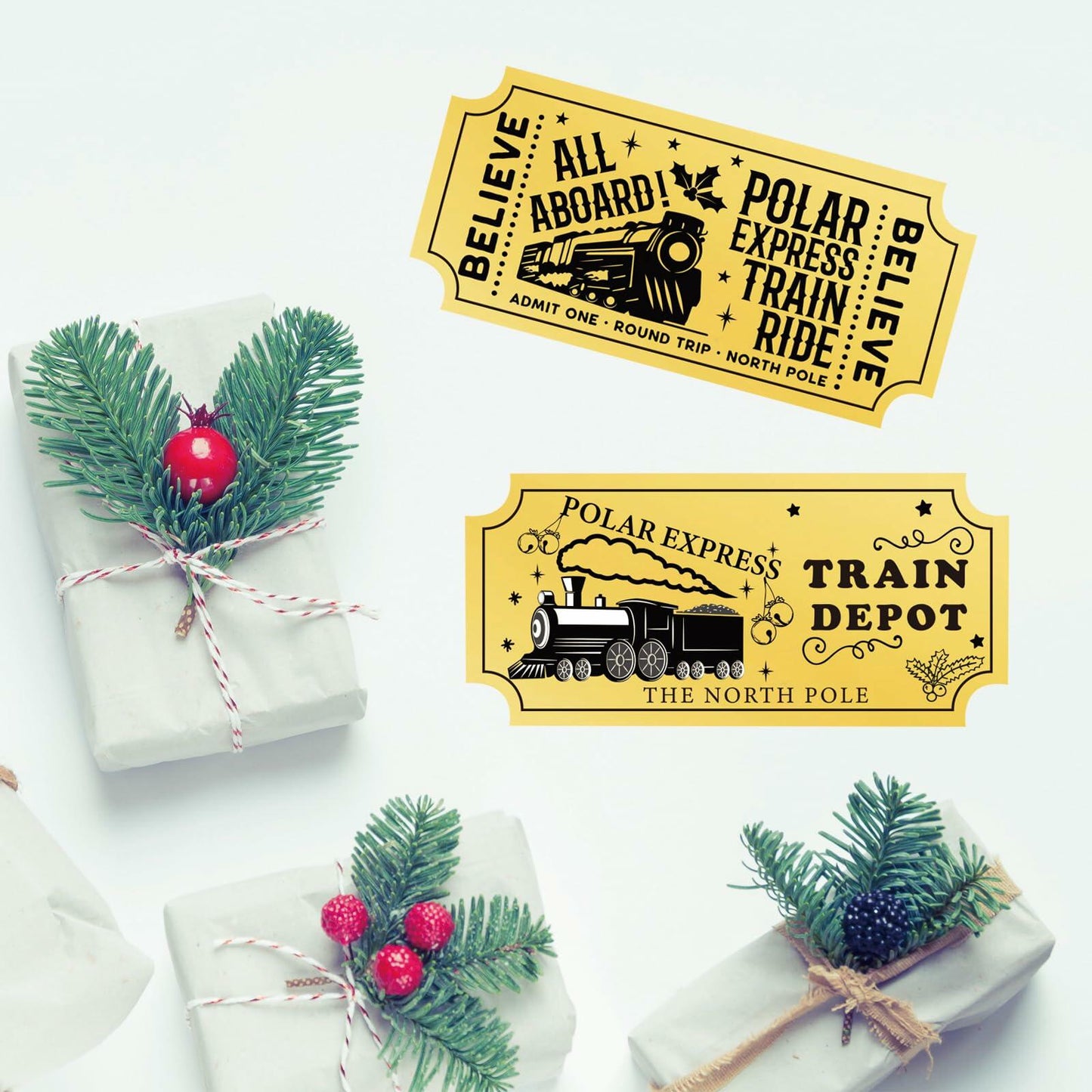 Christmas Polar Express Believe Tickets Gold Foil Stickers 200pcs Party Decor