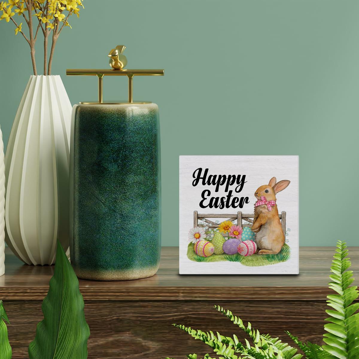Rustic Bunny Wood Sign Happy Easter Decor Tabletop Shelf 5x5 Inches