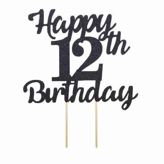 LVEUD 12th Birthday Cake Topper Black Glitter 12th Party Decoration