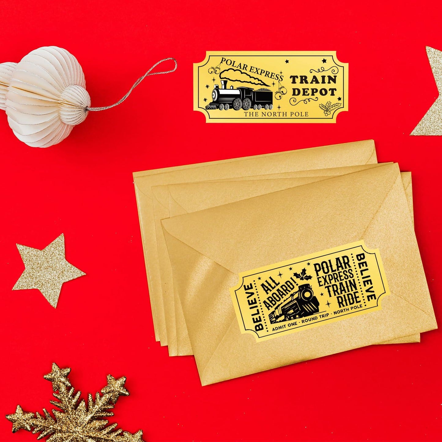 Christmas Polar Express Believe Tickets Gold Foil Stickers 200pcs Party Decor