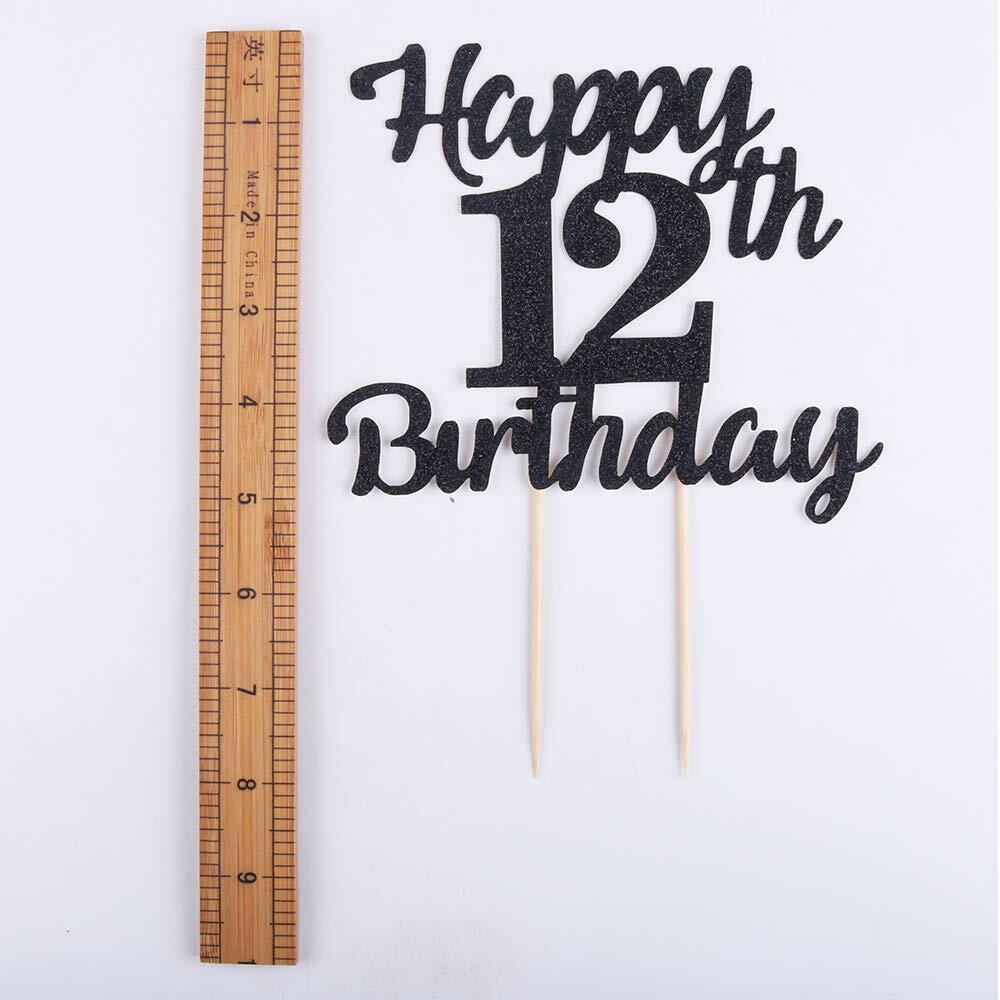 LVEUD 12th Birthday Cake Topper Black Glitter 12th Party Decoration